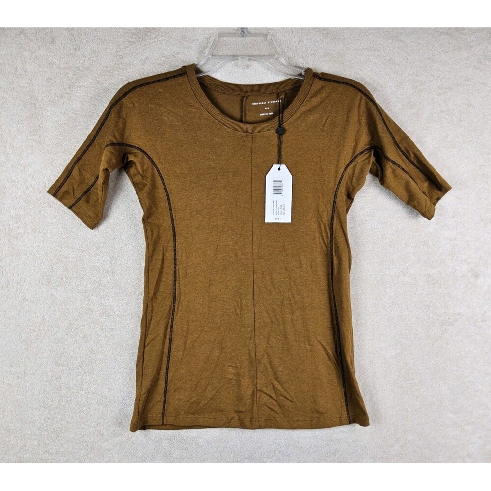 Universal Standard Echo Short Sleeve Contrast Stitch Top Brown Size 0/00 (4XS)